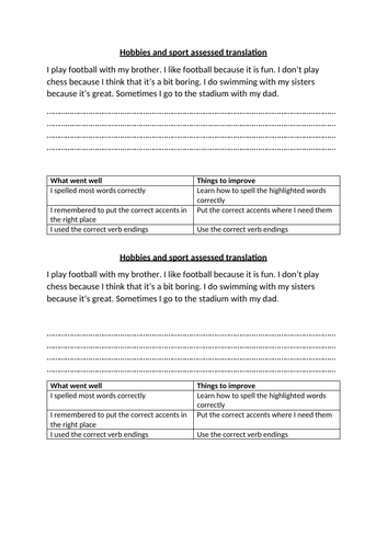 Hobbies and sport assessed translation