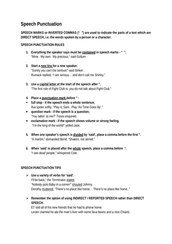 SPEECH PUNCTUATION - ENGLISH LANGUAGE STUDENT WORKSHEET WITH ANSWERS