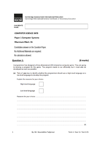 IGCSE  CS - Year 10 and 11- Term 1-Test  2 from chapter 2 /3 and 4 Questions and Answers