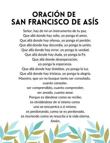 Prayer of St Francis in Spanish - Peace Prayer - Catholic - Oracion -Saints