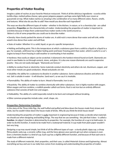 Properties of Matter Reading Activity