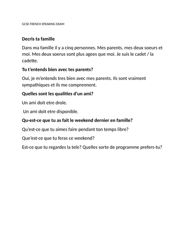 French GCSE Speaking exam example questions and answers