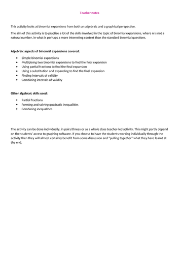 Algebraic and graphical binomial expansion activity