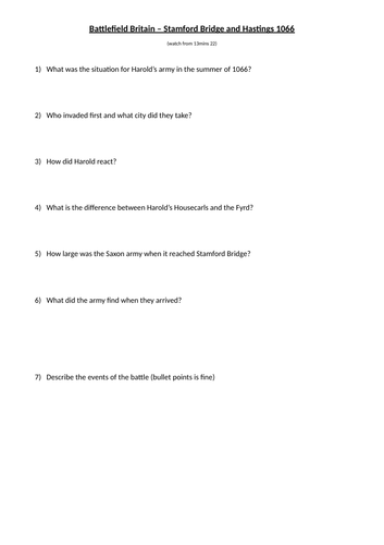 Battelefield Britain "Hastings" Question and answer sheet
