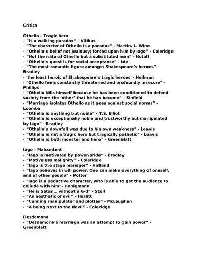 Othello critics - English literature A Level