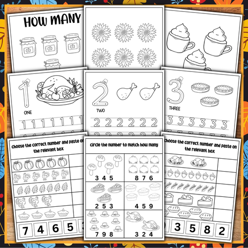 Thanksgiving dinner Math worksheets November Fall Activities count pumpkins