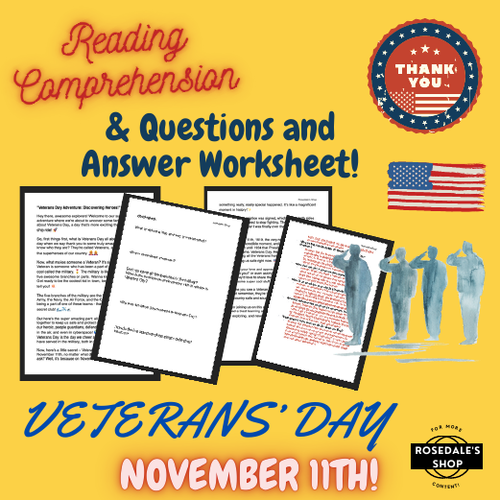 Veterans Day Reading Comprehension Adventure with FUN WORKSHEET & ANSWERS
