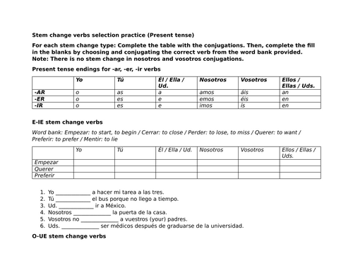 Stem change verbs selection practice (Present tense)