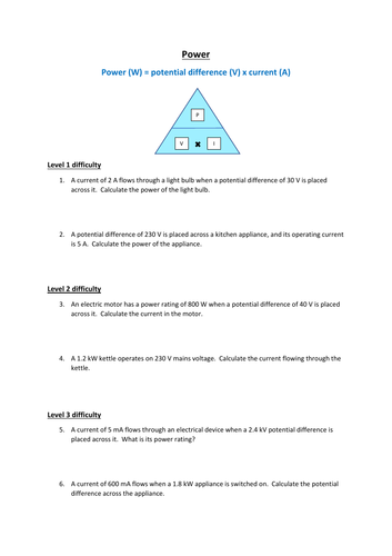 GCSE Physics Power (P=VI) Questions and Answers