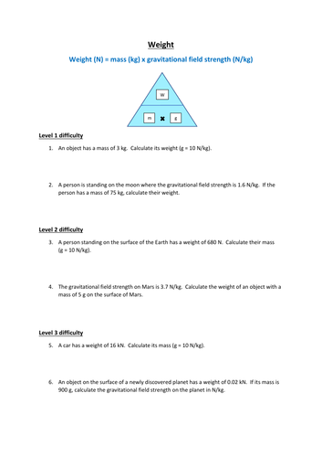 GCSE Physics Weight (W=mg) Questions and Answers