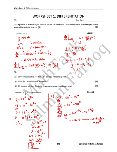A Level Mathematics 9709 - P3 - Differentiation Practice Worksheet 1 - Solved