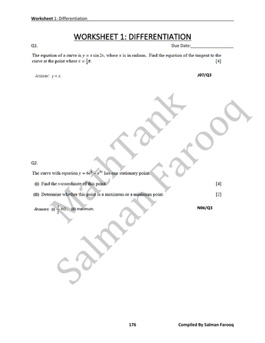 A Level Mathematics 9709 - P3 - Differentiation Worksheet