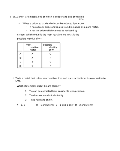 Cambridge IGCSE reactivity series multiple choice questions and answers.