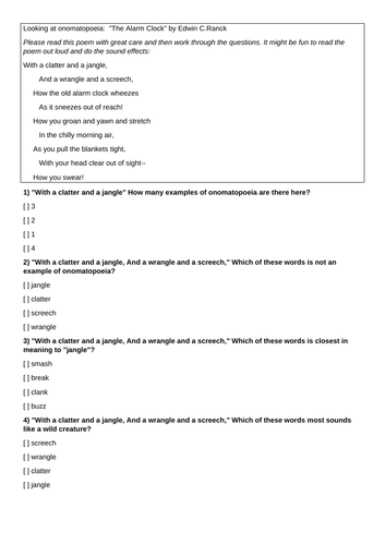 Onomatopoeia - "The Alarm Clock" by Edwin C.Ranck Quiz HW Starter Revision