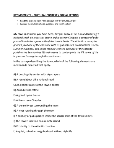 Young Skins  - Colin Barrett- The Clancy Kid Worksheet -Social Setting