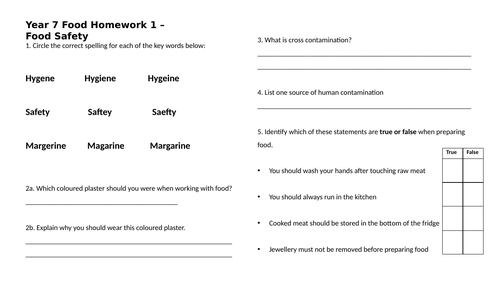 Year 7 Food Homework x2