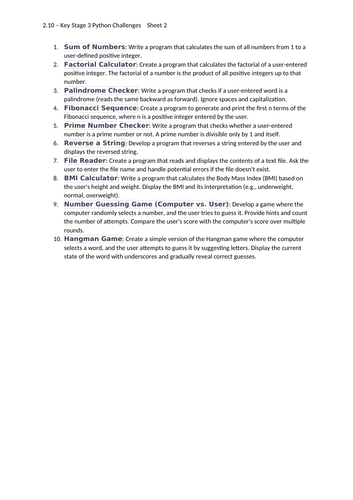 2. Key Stage 3 Python Challenges with Answers (Sheet 2) | Teaching ...