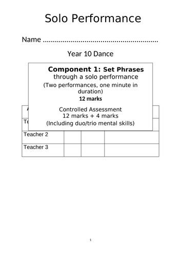 GCSE dance Solo Performance Workbook