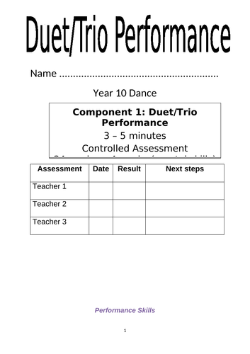 GCSE dance Duet/Trio Performance Workbook
