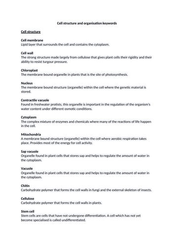 Keyword and definitions list:  cell structure and transport
