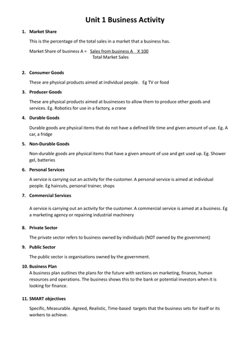 WJEC Eduqas GCSE Business Key Terms & Definitions by Topic Unit