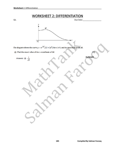 A Level Mathematics 9709 - P3 - Differentiation Worksheet 2