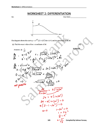 A Level Mathematics 9709 - P3 - Differentiation - Worksheet 2 - Solved