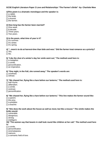 AQA GCSE English Literature Love & Relationships "The Farmer's Bride" Quiz