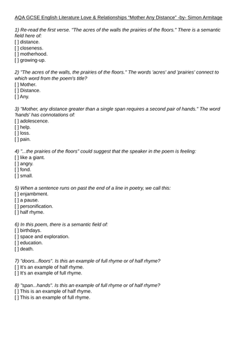 "Mother Any Distance" Quiz Revision Pre-teaching AQA English Lit Love & Relationships