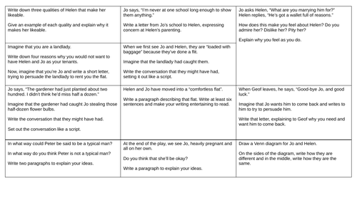 "A Taste of Honey" Cover & Revision activity grid Shelagh Delaney  Homework