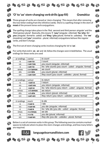 Spanish - stem-changing verb drills (gap fill) - o to ue