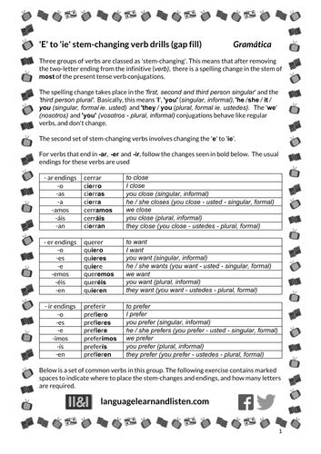 Spanish - Stem-changing verb drills (gap fill) - e to ie