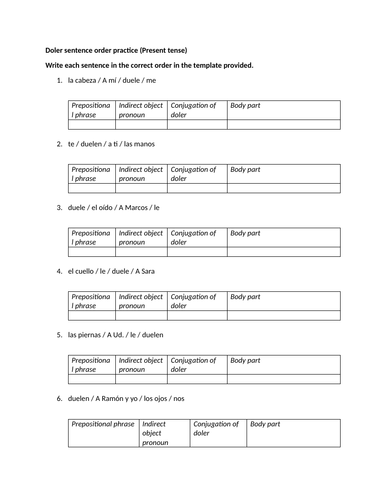 Doler sentence order practice (Present tense)