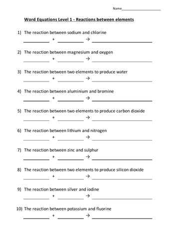 Word Equations Worksheet - Chemistry KS3 / GCSE