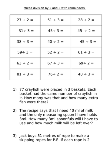 Division using the bus stop method 2-9 remainders and no remainders