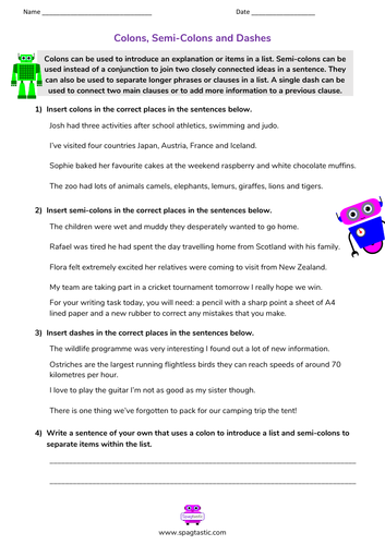 Key Stage 3 SPaG Colons and Semicolons Worksheet Only