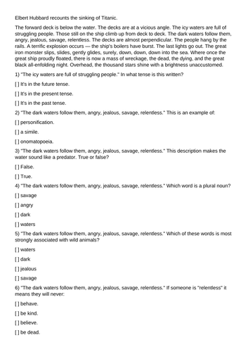 KS3, KS4, Titanic Recount Elbert Hubbard Multiple Choice Quiz Starter HW Diagnosis