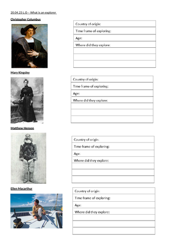 Explorers worksheet