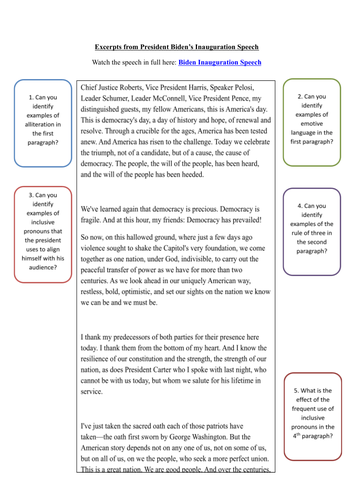 Joe Biden Inauguration Speech Worksheet_Speech Techniques