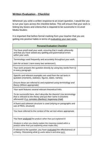 Media Studies - Self-Evaluation Checklist for Exam Responses