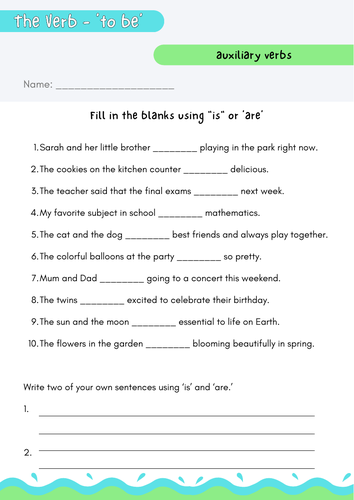 Is or Are - Verb to Be - Auxiliary Verbs - Helping Verbs Worksheet