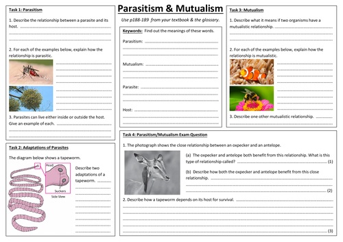 SB9f - Parasitism & Mutualism A3 sheet (Edexcel Single Biology GCSE)