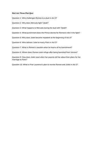 Romeo and Juliet Ten Question Plot and Character Knowledge Quiz - Act Three