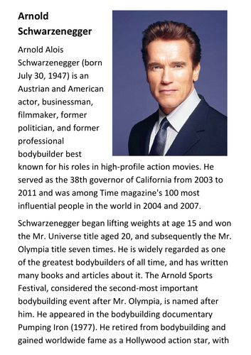 Arnold Schwarzenegger Handout | Teaching Resources
