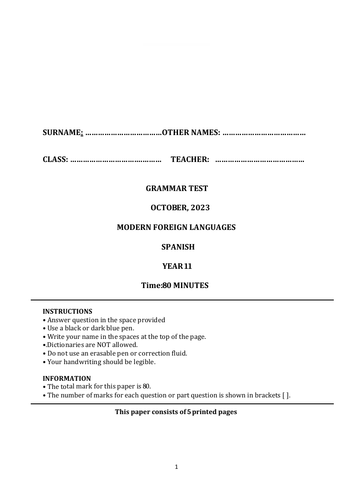 ALL TENSES SPANISH GRAMMAR TEST