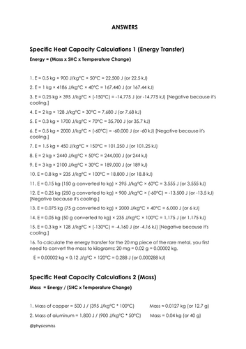 GCSE Physics Worksheets [E = mcθ] Specific Heat Capacity Calculations w solutions