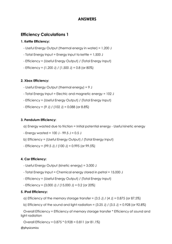 GCSE Physics Worksheets Efficiency Calculations w solutions