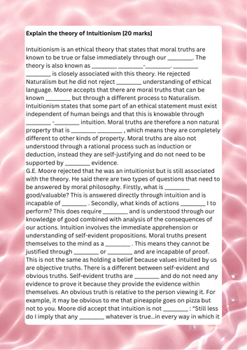 A-Level RS: Intuitionism Fill the Gaps 20 Mark Essay + Answer
