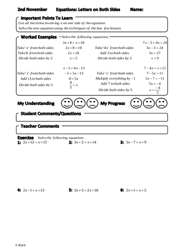 Grade 3/4/5 GCSE (F) Equations (letters on both sides) Adaptive Teaching