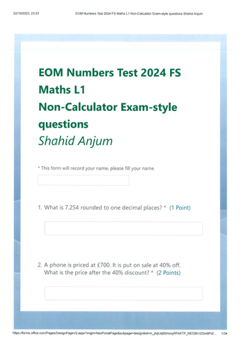 FS Maths L1 Numbers Test 2024 Non-Calculator